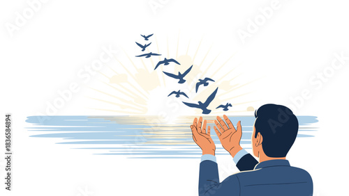 Man releases birds into the sky over calm ocean waters, symbolizing freedom, hope, and new beginnings under the bright sun