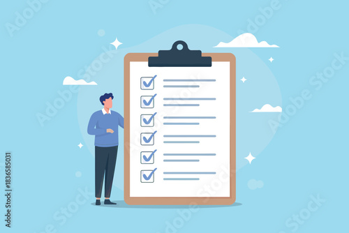 Man with checklist on clipboard, task completion, planning, and organization