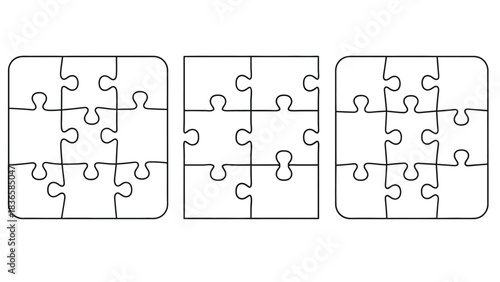 Three blank white jigsaw puzzles are displayed side-by-side on a white background, each composed of nine individual pieces.