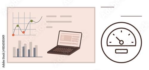 Laptop, bar graph, line chart, and speedometer gauge representing analytics, progress, performance, or business insights. Ideal for productivity, data visualization monitoring research growth