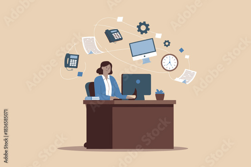Woman working at desk with office supplies flying around her head.