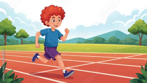 A young boy with curly red hair runs on a track, his body in motion as he participates in a sporting activity outdoors.