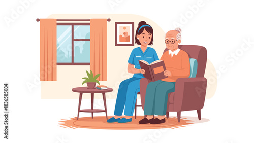 Caring nurse reading a book to elderly man in cozy living room, perfect for healthcare or assisted living marketing campaigns
