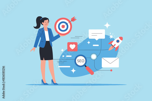 Woman with target and seo magnifying glass, representing business strategy