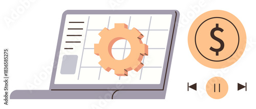 Laptop with gear on grid interface and large dollar icon alongside playback controls. Ideal for finance, technology, automation, workflow, budgeting, productivity, fintech. Simple flat metaphor