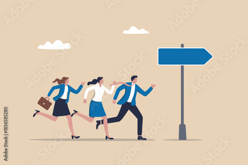 Business team running towards direction sign, conceptualizing goals