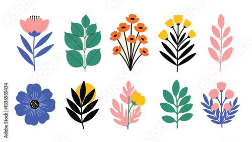 A collection of ten stylized, flat-design floral and leaf illustrations, presented in a two-row grid against a white background.