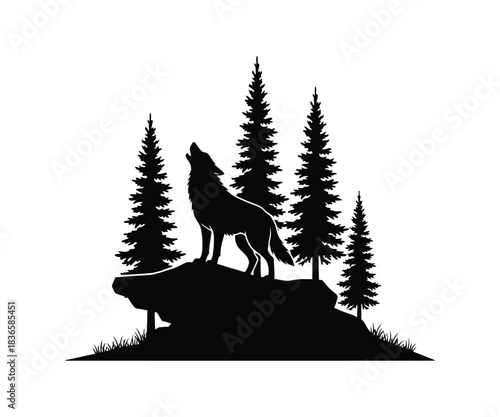 Silhouette of a howling wolf against a backdrop of dark pine trees and mountains