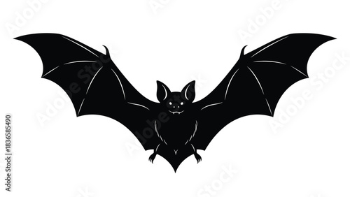 A black silhouette of a bat with its wings spread wide against a white background, its eyes visible and its mouth slightly open.