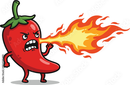 Exploding Red Chili Pepper Mascot Unleashing Fiery Breath, Spicy Cartoon Character, Hot Food Illustration - CAD Drawing Flat Vector Illustration for Adobe Stock