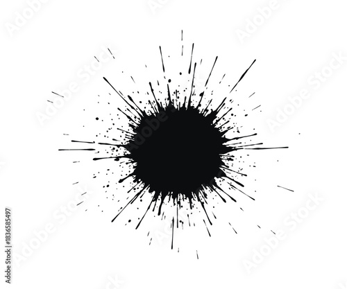 Dramatic ink splatter explosion isolated on a white background with radial lines