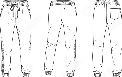 cad drawing flat vector illustration, technical jogger pants fashion sketch showing front and back views with waistband, pockets, seams, cuffs, drawstring details