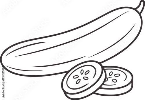 Black and white illustration of a cucumber and slices
