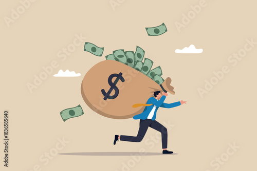 Man running with a giant bag of money, dollars flying around him