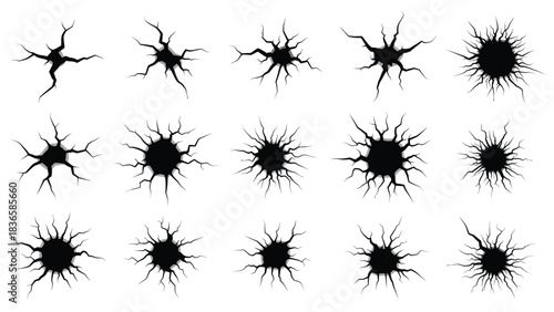A collection of fifteen black crack-like graphic elements with sharp, radiating lines, presented on a white background.