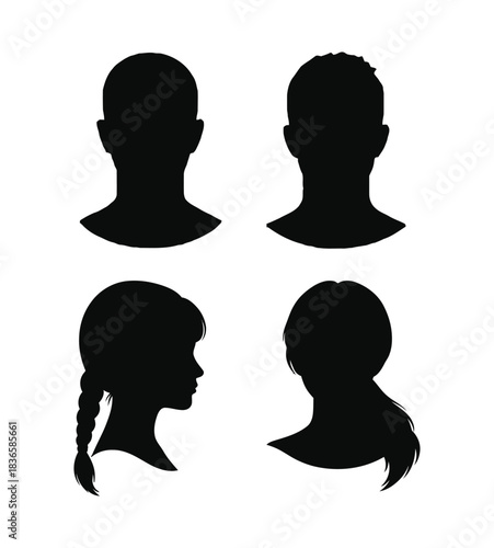 Four silhouettes of heads representing diversity and anonymity in a minimalist style