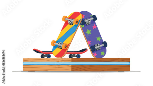 Vibrant collection of colorful skateboards resting on a wooden ramp element perfect for extreme sports graphics