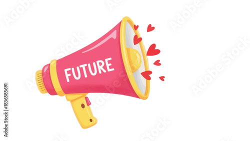 A pink megaphone with the word "FUTURE" written on it, broadcasting a stream of red hearts and small heart shapes against a white background.