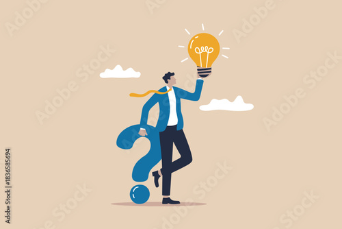 Man with question mark and light bulb representing innovation and problem solving