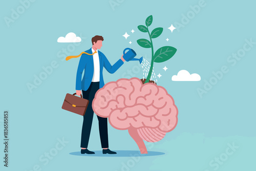 Businessman watering a plant growing from a human brain illustration
