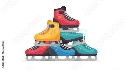 Vibrant stack of colorful figure skates ready for exciting winter ice skating adventures and fun