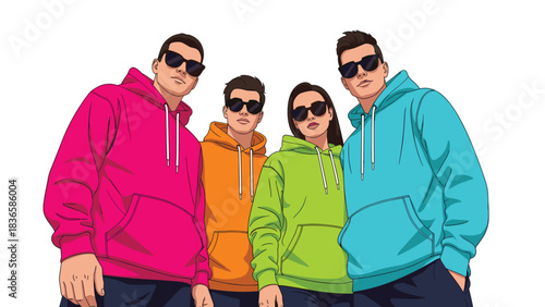 Cool diverse group wearing vibrant neon hoodies and sunglasses looking down confidently against a white background