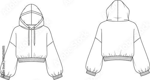 Technical Drawing of a Women's Cropped Hoodie Sweatshirt Vector Illustration, Front and Back Flat Sketch with Dropped Puff Sleeves for Fashion Apparel Design and Production,