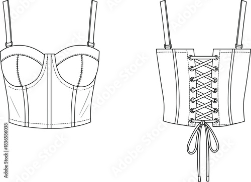 Stylish corset top front and back technical fashion sketch with lace-up detail, garment design blueprint cad drawing flat vector illustration