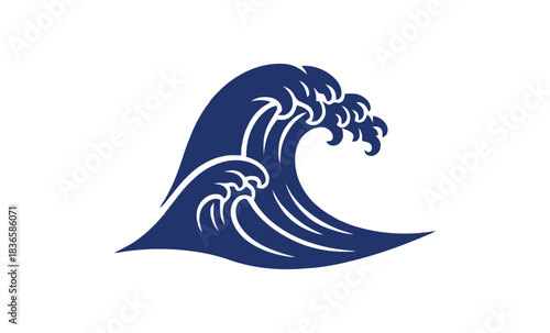 Stylized blue ocean wave illustration with flowing lines and a dynamic crest