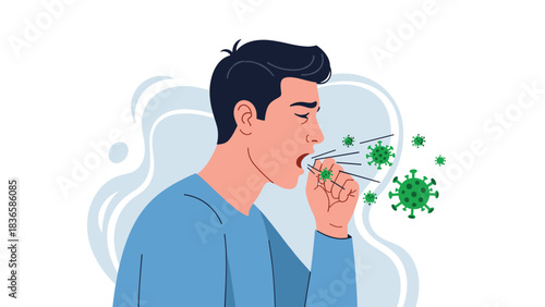 Concerned man coughing coronavirus particles while covering his mouth in a modern medical awareness scene