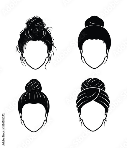 Four different black and white sketches of women with varying messy bun hairstyles