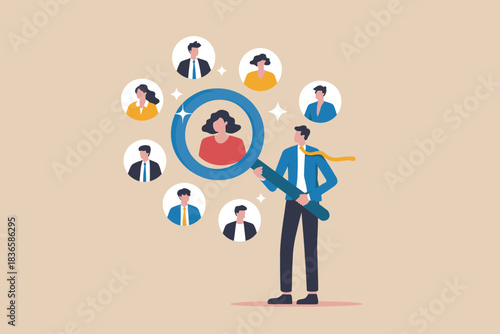 Man with magnifying glass searching for the right candidate among many
