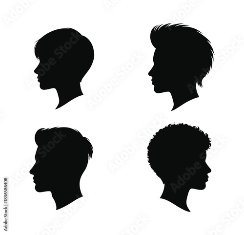 Four silhouette profiles of women with different hairstyles in black and white