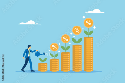 Man watering money tree coins with percentage signs, symbolizing growth