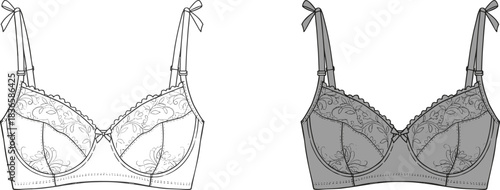 Elegant lace bra design technical sketch showing detailed front view, fashion lingerie blueprint, cad drawing flat vector illustration for designers