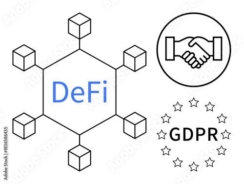 DeFi concept. Decentralized finance ed with blockchain structure, GDPR compliance stars, and handshake for partnerships. Relevant for fintech, data privacy, blockchain, regulations, and business