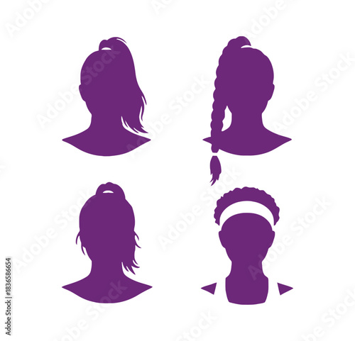 Four silhouette profiles of women with different hairstyles in purple tones