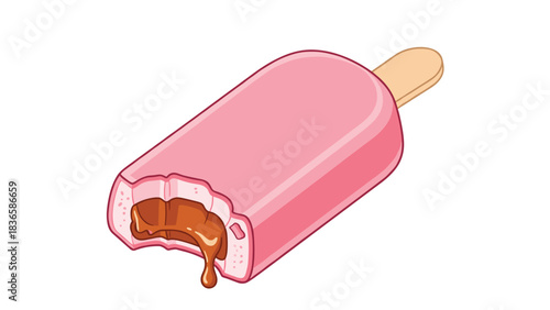 Delicious pink ice cream bar with gooey caramel center melting delightfully on a warm summer day