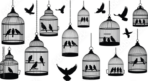 Bird Cages and Flying Birds Black Silhouette Set Vector Illustration Pet Aviary Decoration Freedom Symbol Captivity Wildlife Symbolism Art.
