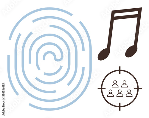 Large fingerprint, a musical note, and a group of people inside a target. Ideal for identity, security, data, music, personalization marketing and targeting. Simple flat metaphor