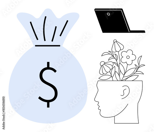 Money bag with dollar sign, head with flowers symbolizing creativity, and digital device. Ideal for innovation, financial success, personal growth, mindset, online work, digital economy simple flat