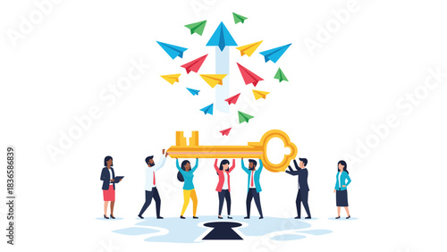 Diverse business team collaborating to lift the golden key unlocking upward growth with paper airplane success