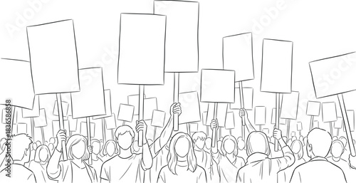 Crowd of People Protesting Holding Blank Signs Line Art Vector Illustration Political Demonstration Riot Protest Social Movement Public Rally.