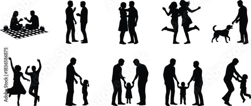 Silhouettes of families, couples, and friends interacting, playing, and enjoying time together, representing love, bonding, parenting, lifestyle moments, relationships, and outdoor activities