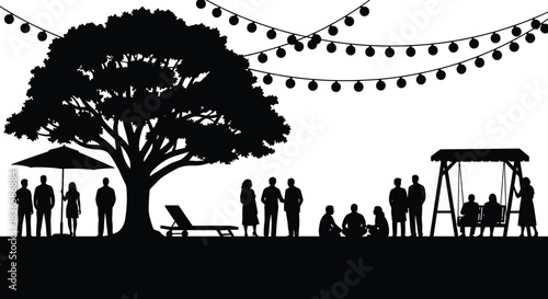 Silhouettes of people relaxing, gathering, and enjoying outdoor park activities under large tree and string lights, representing community, leisure, social interaction, and nature