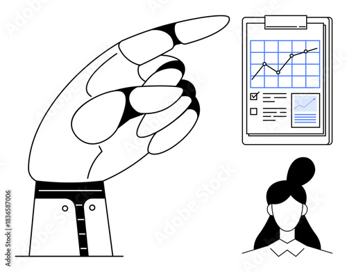 Data analytics, decision-making, business growth, report analysis, education, user . Robot hand pointing to a chart with checkmarks beside a female figure icon. Data analytics and decision-making