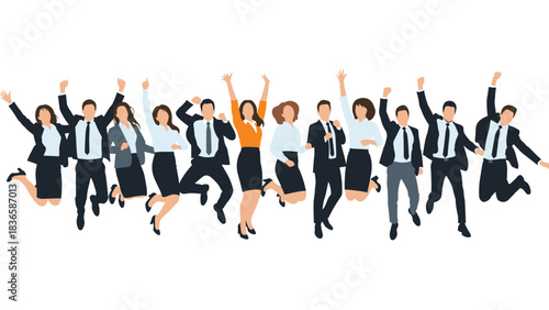 Energetic diverse business team celebrating success with joyful jumping in professional attire against white background