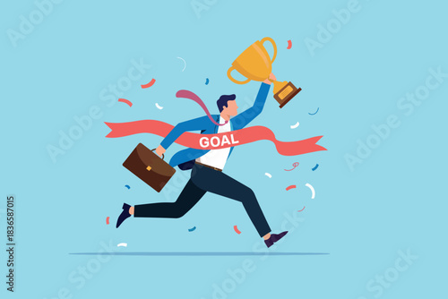Businessman crossing finish line with trophy and briefcase, celebrating success