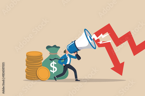 Businessman with megaphone announces financial crisis and falling stock market