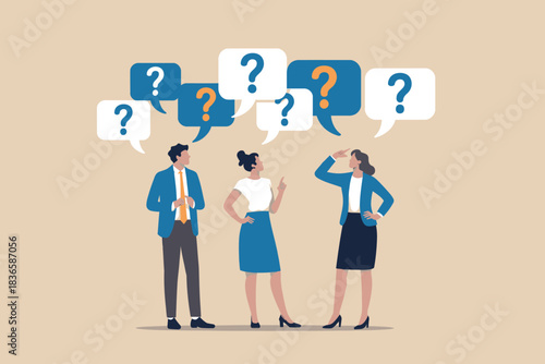 Business people with question marks in speech bubbles above their heads